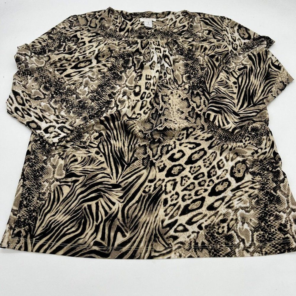 Chico’s Womens Neutral Brown Animal Print Top  Size 1 (8/10) Pleats at Neckline